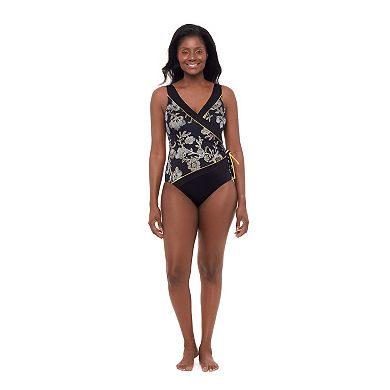 Women's Great Lengths Black Floral Tassel Surplice One Piece Swimsuit