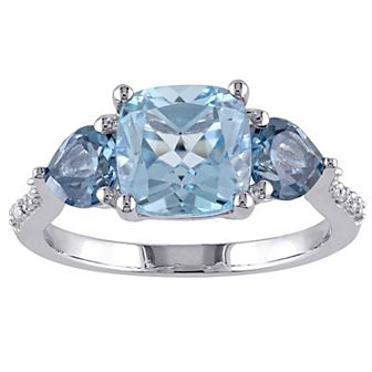 Stella Grace Sterling Silver Sky Blue Topaz, London Blue Topaz & Diamond Accent 3-Stone Ring