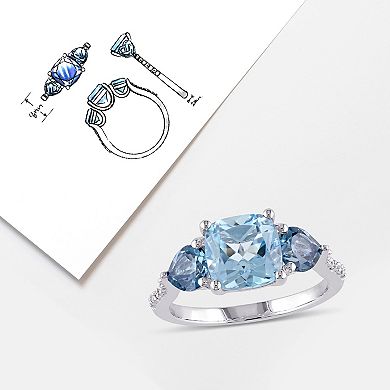 Stella Grace Sterling Silver Sky Blue Topaz, London Blue Topaz & Diamond Accent 3-Stone Ring