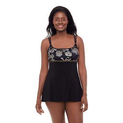 Women's Great Lengths Black Floral Empire Princess Seam Swimdress One-Piece Swimsuit, Size: 22