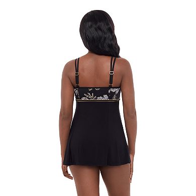 Women's Great Lengths Black Floral Empire Princess Seam Swimdress One-Piece Swimsuit
