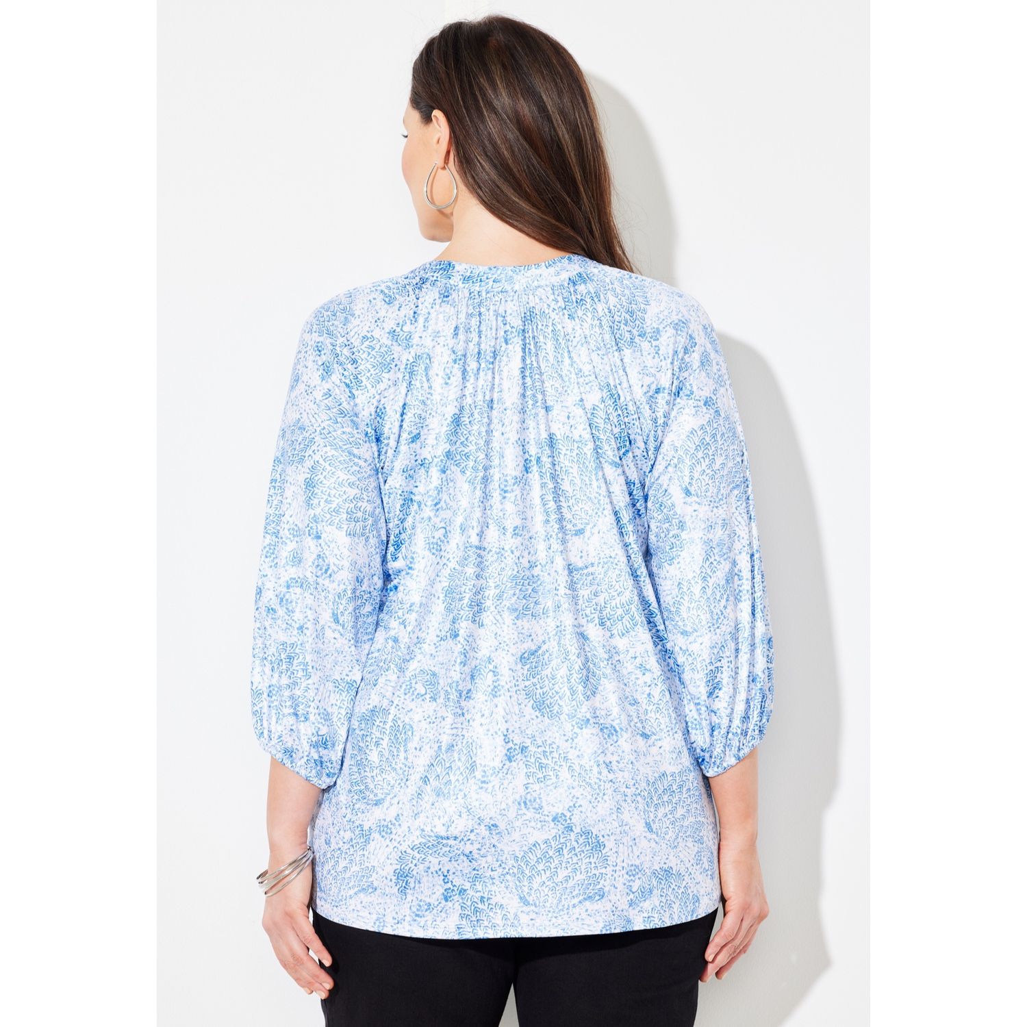Chemise Femme Catherines Taille 5X (34W-36W) - Manches 3/4, Boutonnée, Motif Petites étoiles Bleu/argent - Neuve