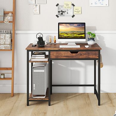 Computer Desk With Charging Station, Drawer and Adjustable Shelf-Rustic Brown