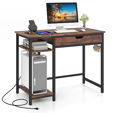Computer Desk With Charging Station, Drawer and Adjustable Shelf-Rustic Brown