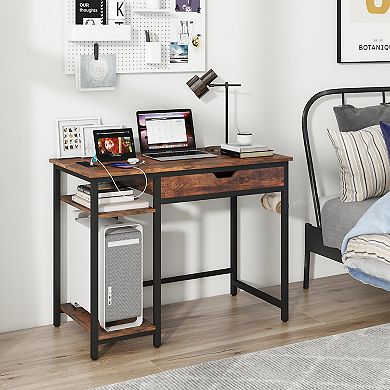 Computer Desk With Charging Station, Drawer and Adjustable Shelf-Rustic Brown