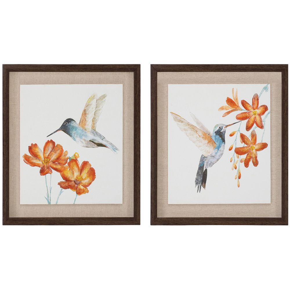 Decorative floral framed hummingbird prints set of 2 with watercolor