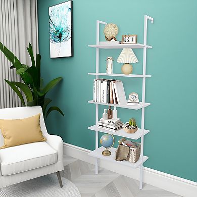 5-shelf Wood Ladder Bookcase with Metal Frame - Perfect for Home and Office