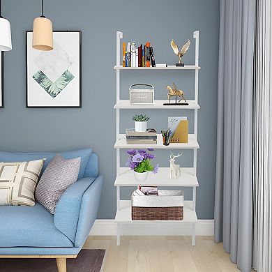 5-shelf Wood Ladder Bookcase with Metal Frame - Perfect for Home and Office