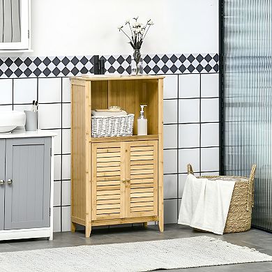 Bathroom Floor Cabinet - Open Upper Floor, Enclosed Lower Shelves -Natural