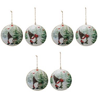 Festive Gnome Disc Ornaments Set of 6 - 6 Inch Iron Holiday Decor for Tree and Home