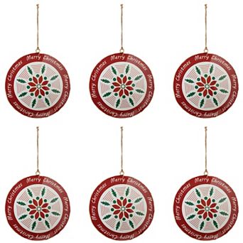 Decorative Merry Christmas Disc Ornaments - Set of 6, 6-Inch Iron Holiday Decor for Tree and Home