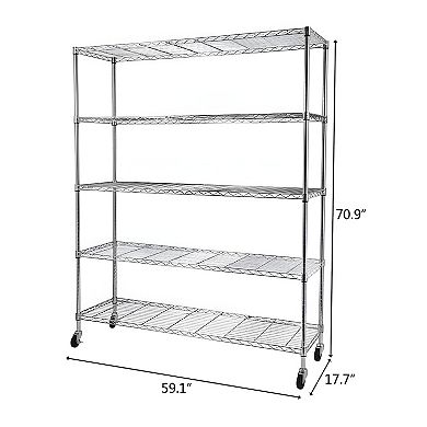 5-Tier Heavy Duty Adjustable Storage Metal Rack with Wheels & Shelf Liners Ideal for Garage