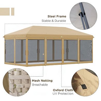 Beige 10' x 20' Pop Up Canopy Tent with Netting - Outdoor Party Tent with Mesh Enclosure