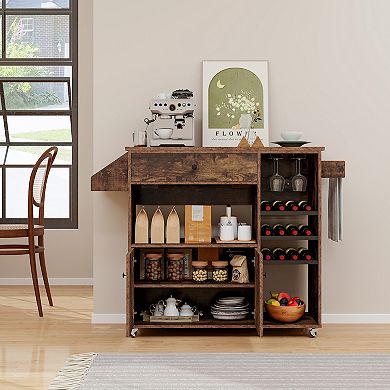 Drop Leaf Mobile Kitchen Island Cart With Power Outlet And Adjustable Shelf