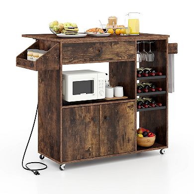 Drop Leaf Mobile Kitchen Island Cart With Power Outlet And Adjustable Shelf