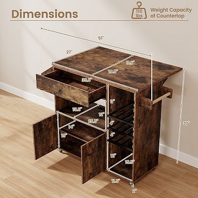 Drop Leaf Mobile Kitchen Island Cart With Power Outlet And Adjustable Shelf