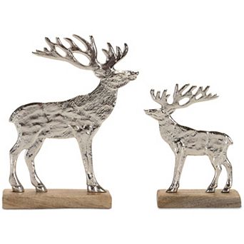 Deer on Base Set of 2 - 7" and 9.5" Wood and Aluminum Wildlife Sculptures