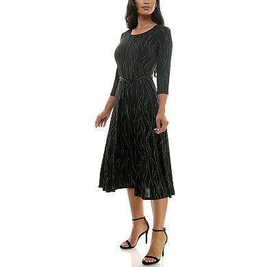 Women's Nina Leonard Sylvia Long Sleeve Tie Waist Midi Dress