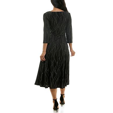 Women's Nina Leonard Sylvia Long Sleeve Tie Waist Midi Dress