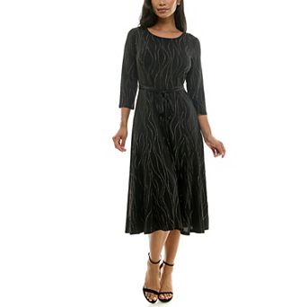 Women's Nina Leonard Sylvia Long Sleeve Tie Waist Midi Dress