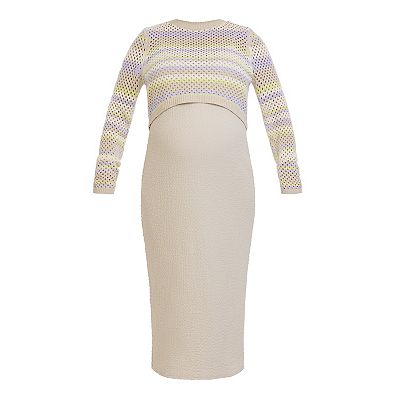 textured midi sweater dress Felirenzacia Womens Long Sleeve Midi Sweater Dress, Round Neck Ribbed Textured Fabric Fitted Dress, Elegant Party and Office Wear, Women's, Size: