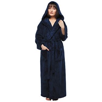 Womens Hooded Ankle Length Long Fleece Bathrobe