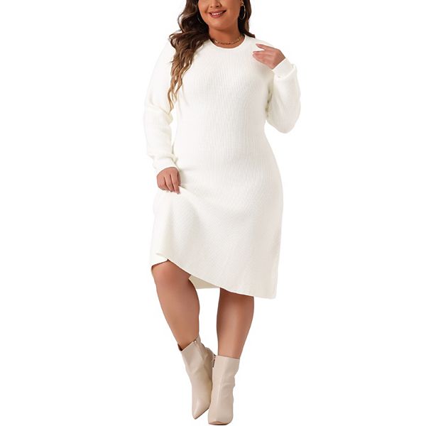 Agnes Orinda Women's Plus Size Crew Neck Long Sleeve Fall Fashion Knit Pull-On Sweater Dresses 1x White