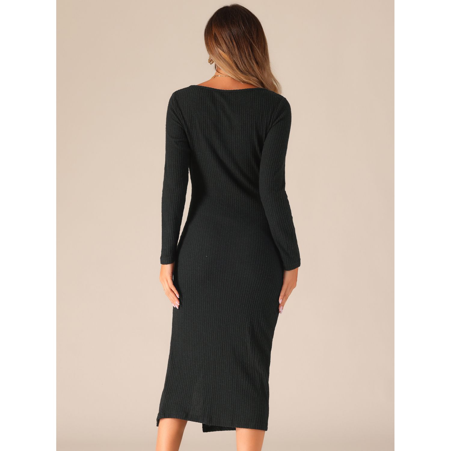 Allegra K Women's Fall Midi Dress - Long Sleeve, Crew Neck, Ruched, Side Slit, Fitted Bodycon - View #4