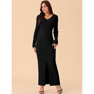 Women's Elegant Long Sleeve Round Neck Slit Hem Fall Knit Maxi Cocktail Party Dress