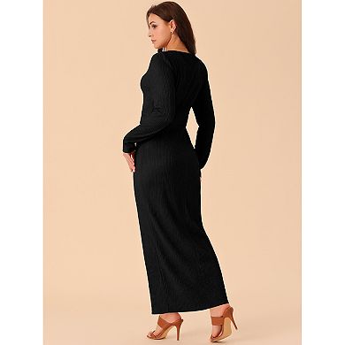 Women's Elegant Long Sleeve Round Neck Slit Hem Fall Knit Maxi Cocktail Party Dress