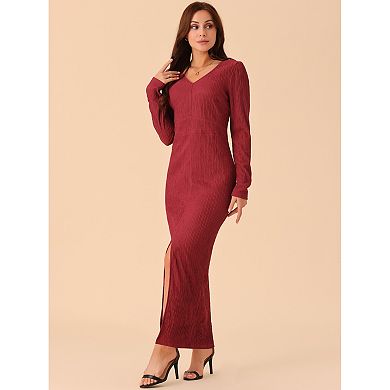Women's Elegant Long Sleeve Round Neck Slit Hem Fall Knit Maxi Cocktail Party Dress