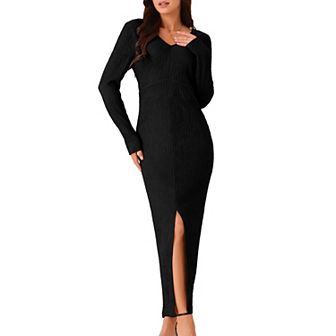Women's Elegant Long Sleeve Round Neck Slit Hem Fall Knit Maxi Cocktail Party Dress