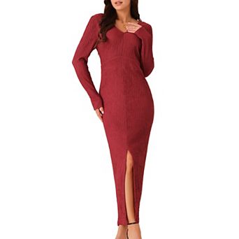 Women's Elegant Long Sleeve Round Neck Slit Hem Fall Knit Maxi Cocktail Party Dress