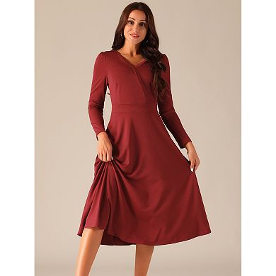 Women's Fall Faux Wrap V Neck Puffy Long Sleeve Midi Swing Dress With Pockets
