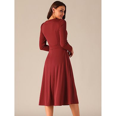 Women's Fall Faux Wrap V Neck Puffy Long Sleeve Midi Swing Dress With Pockets