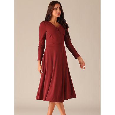 Women's Fall Faux Wrap V Neck Puffy Long Sleeve Midi Swing Dress With Pockets