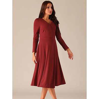 Women's Fall Faux Wrap V Neck Puffy Long Sleeve Midi Swing Dress With  Pockets