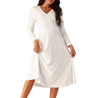 Women's Fall Faux Wrap V Neck Puffy Long Sleeve Midi Swing Dress With Pockets