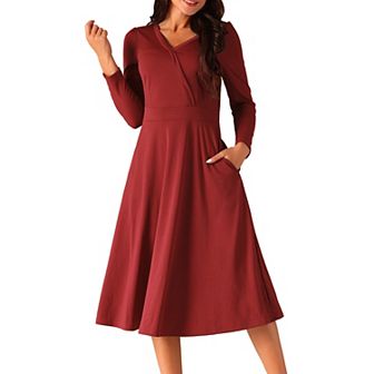 Women's Fall Faux Wrap V Neck Puffy Long Sleeve Midi Swing Dress With Pockets