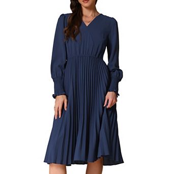 Casual V Neck Dresses for Women's Fall Long Sleeve Flowy A-Line Midi Pleated Dress
