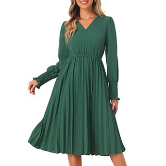 Casual V Neck Dresses for Women's Fall Long Sleeve Flowy A-Line Midi Pleated Dress