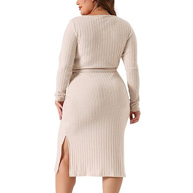 Women's Plus Size Fall Long Sleeve Midi Dress Round Neck Split Hem Ribbed Knit