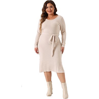 Women's Plus Size Fall Long Sleeve Midi Dress Round Neck Split Hem Ribbed Knit