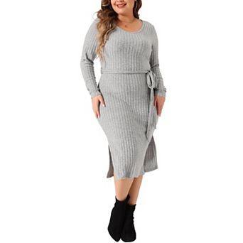 Women's Plus Size Fall Long Sleeve Midi Dress Round Neck Split Hem Ribbed Knit