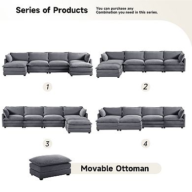 Corduroy Living Room Sectional Sofa - 4 Seats with 2 Removable Ottomans
