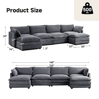 Corduroy Living Room Sectional Sofa - 4 Seats with 2 Removable Ottomans