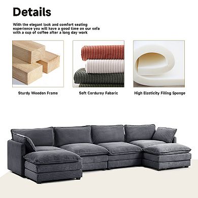Corduroy Living Room Sectional Sofa - 4 Seats with 2 Removable Ottomans