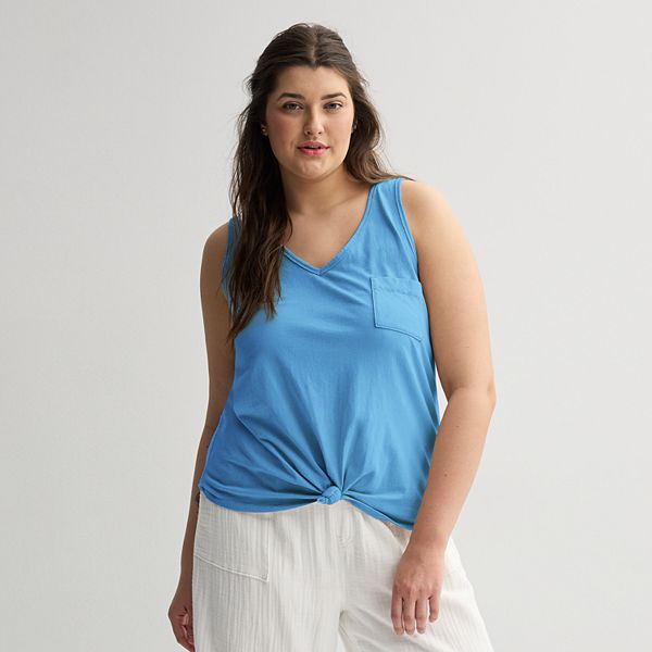 Juniors' Plus Size SO® Relaxed V-Neck Pocket Tank Top - Blue (1X)