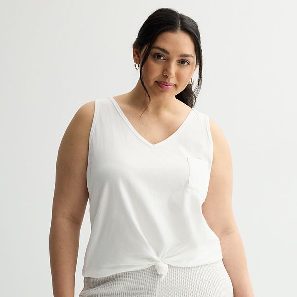 Juniors' Plus Size SO® Relaxed V-Neck Pocket Tank Top - Modern White (1X)