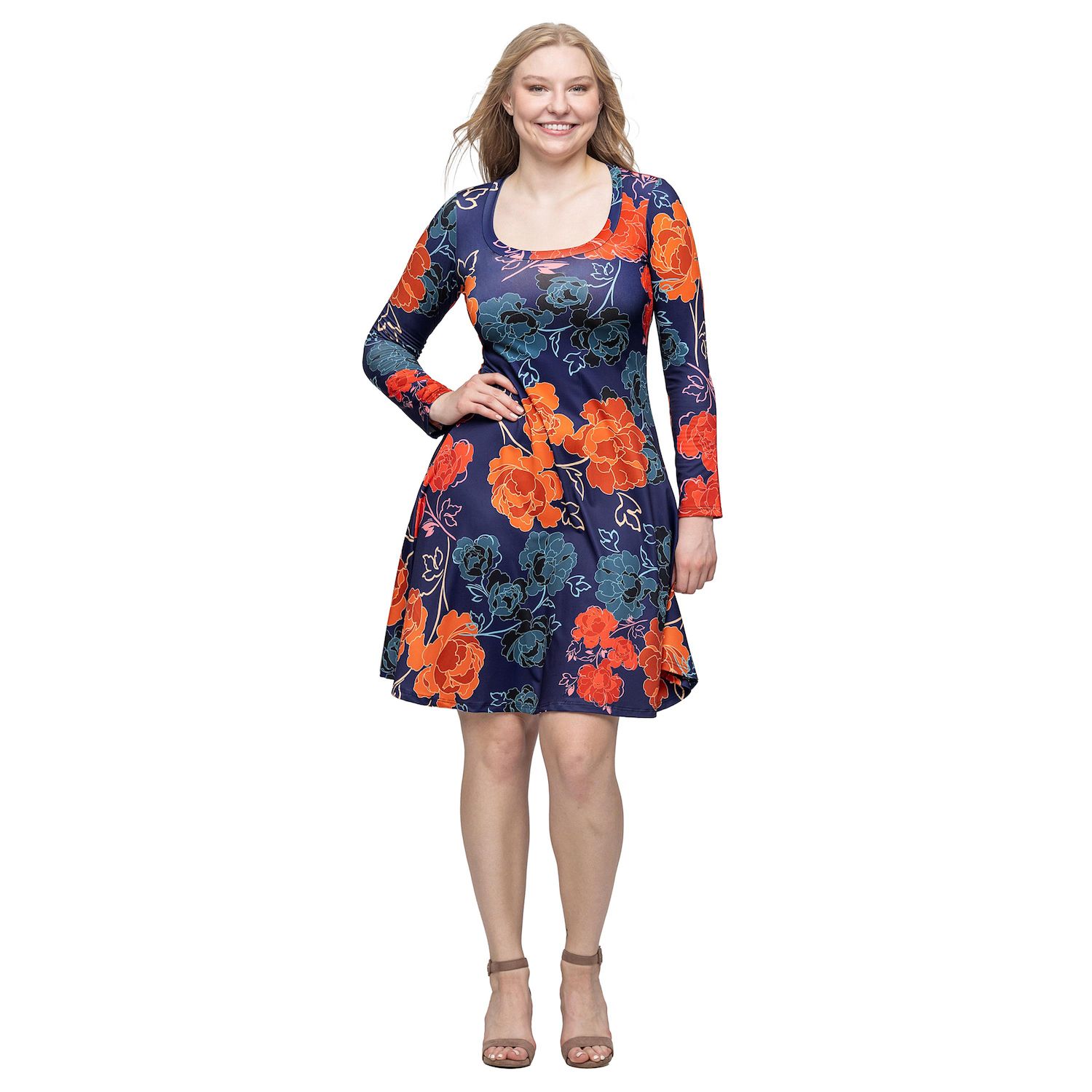 Женские платья 24Seven Comfort Apparel Floral Print Long Sleeve Knee Length Dress
